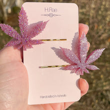 Load image into Gallery viewer, Pink Holographic Glitter Cannabis Leaf Barrette Set
