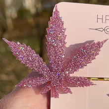 Load image into Gallery viewer, Pink Holographic Glitter Cannabis Leaf Barrette Set
